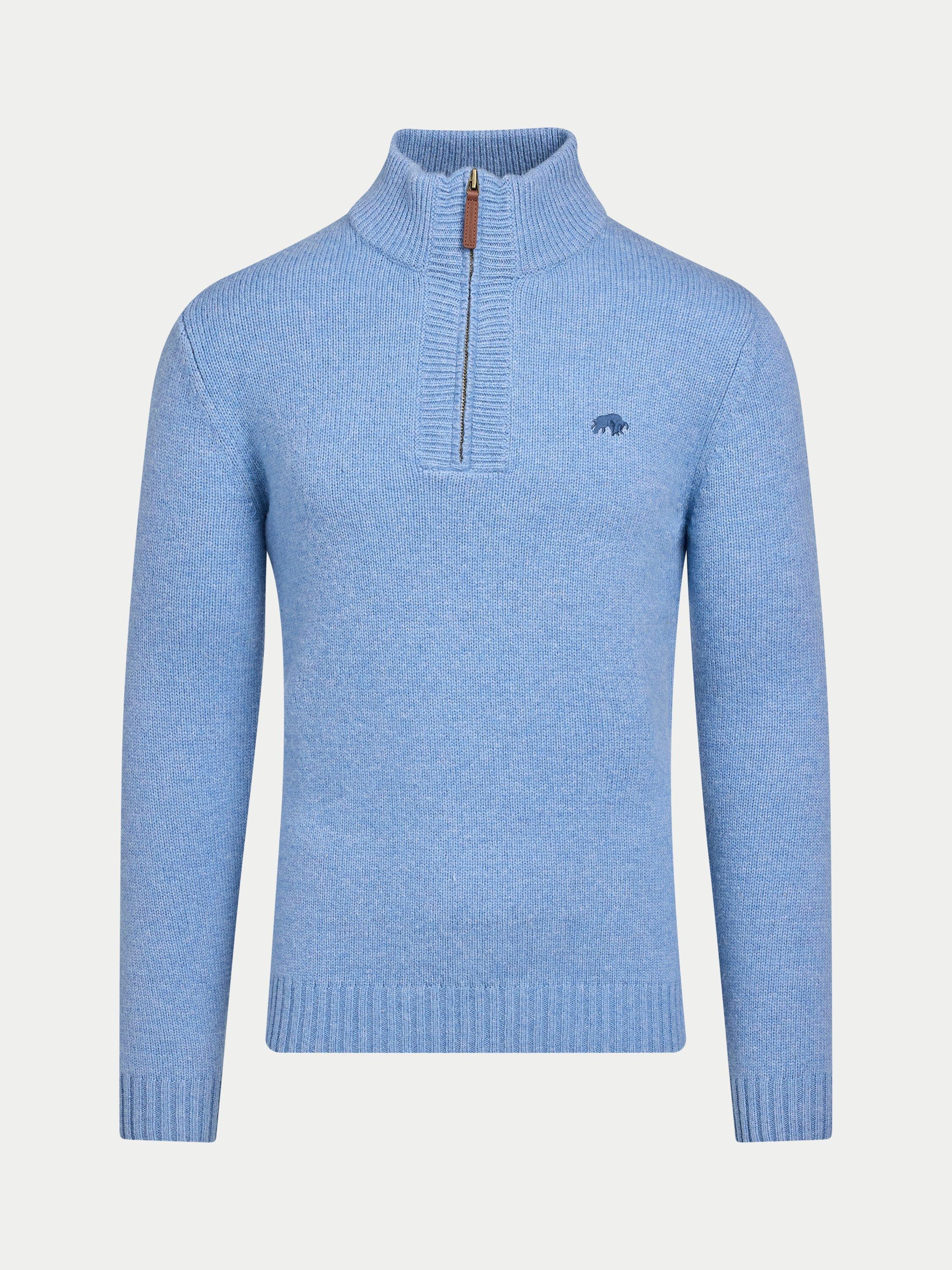Product image 2 of 7, which shows Raging Bull Wool Blend Chunky Fleck Quarter Zip Jumper, Chambray, S