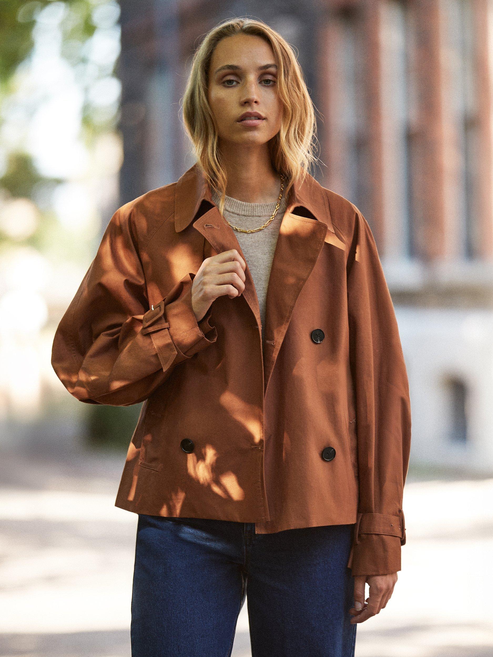 Product image 1 of 5, which shows Ro&Zo Cotton Long Sleeve Collar Cropped Jacket, Brown, M