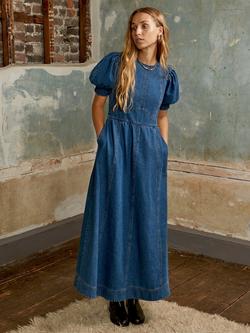 Ro&Zo Denim Puff Sleeve Midi Dress, Blue, Blue