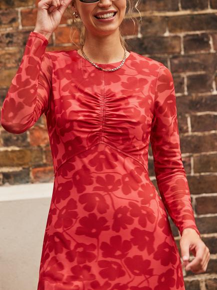 Ro&Zo Petite Floral Shadow Mesh Dress, Red - view 2, Red