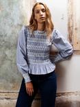 Ro&Zo Cotton Stripe Shirred Long Sleeve Round Neck Blouse