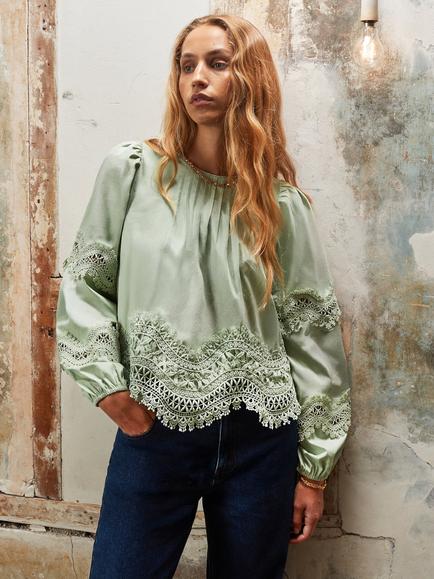Ro&Zo Cotton Lace Panel Long Puff Sleeve Round Neck Blouse, Green