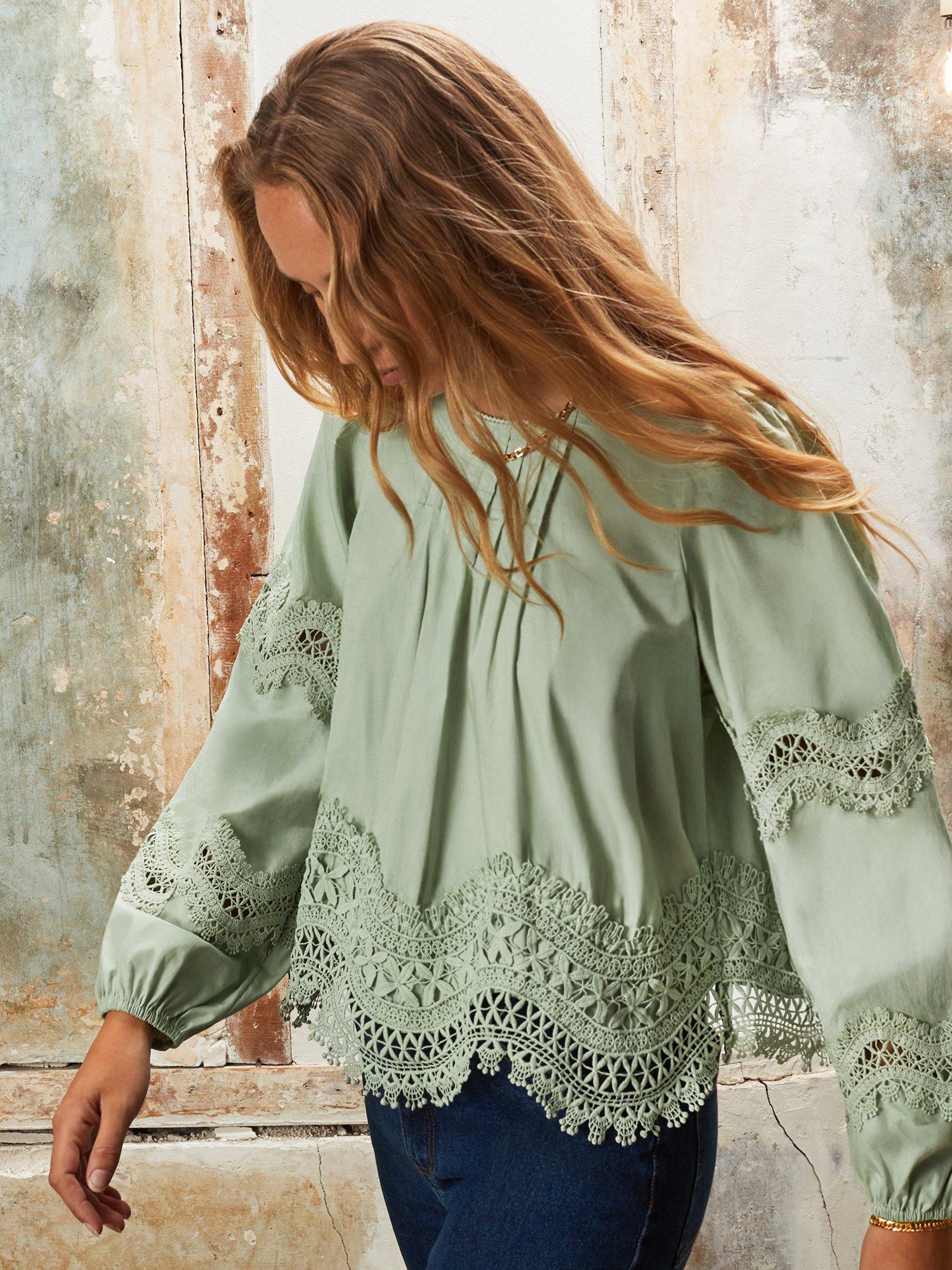 Product image 2 of 5, which shows Ro&Zo Cotton Lace Panel Long Puff Sleeve Round Neck Blouse, Green, 16