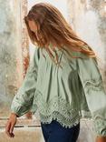 Ro&Zo Cotton Lace Panel Long Puff Sleeve Round Neck Blouse