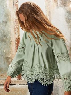 Ro&Zo Cotton Lace Panel Long Puff Sleeve Round Neck Blouse - view 2, Green