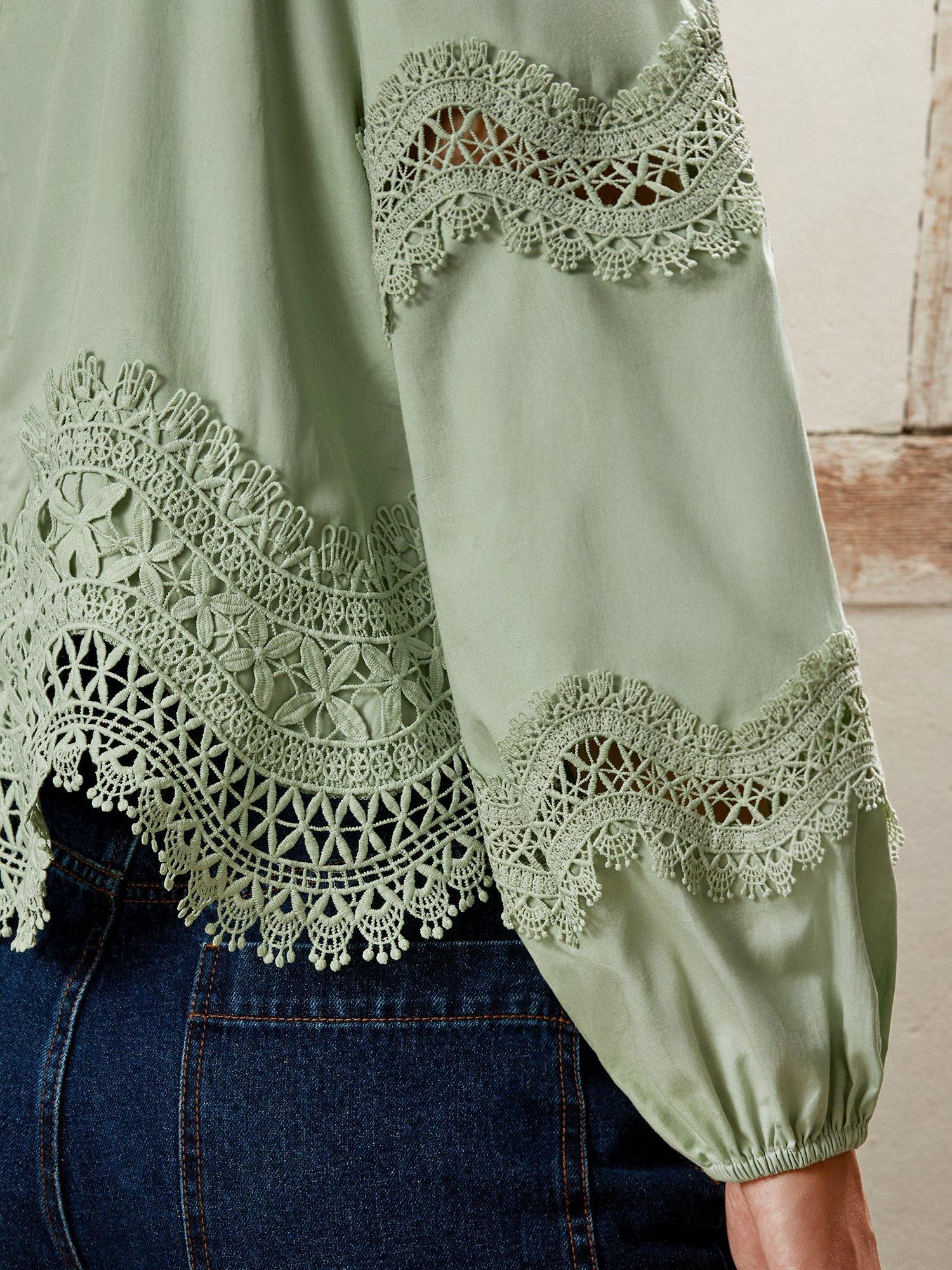 Product image 3 of 5, which shows Ro&Zo Cotton Lace Panel Long Puff Sleeve Round Neck Blouse, Green, 16