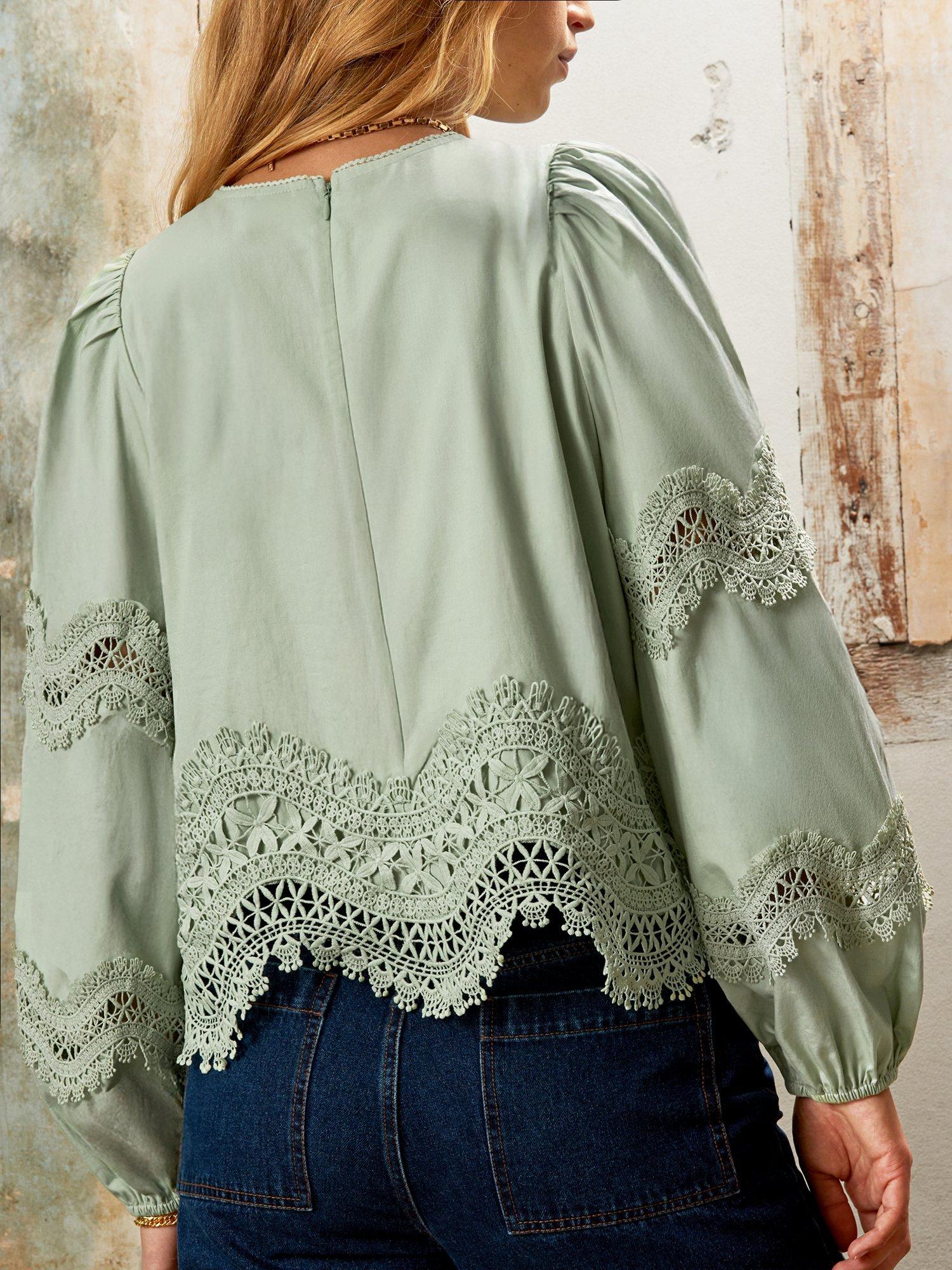 Product image 5 of 5, which shows Ro&Zo Cotton Lace Panel Long Puff Sleeve Round Neck Blouse, Green, 16