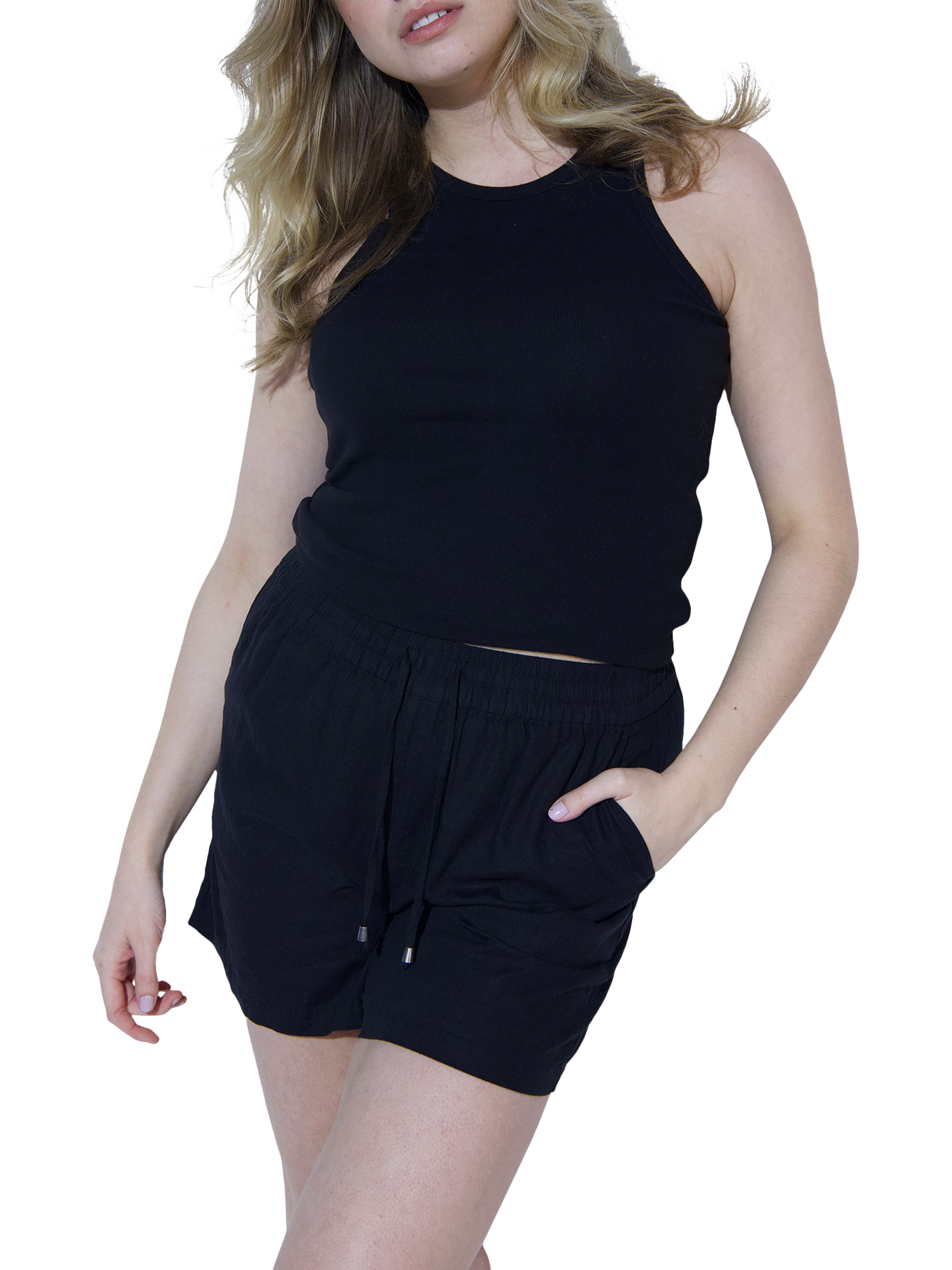 Product image 4 of 4, which shows Lovall Everyday Relaxed Fit Linen Blend Shorts, Black, 8
