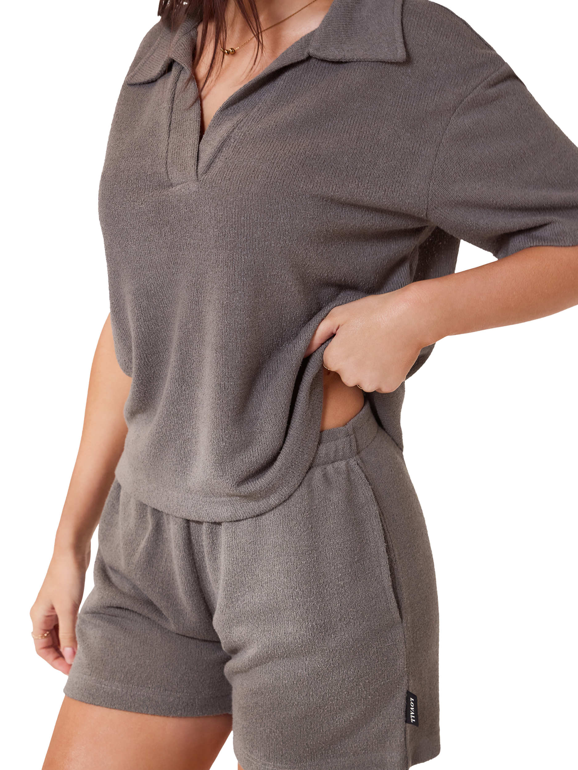 Product image 3 of 5, which shows Lovall Lightweight Collar Knit Short Set, Slate Green, 6-8