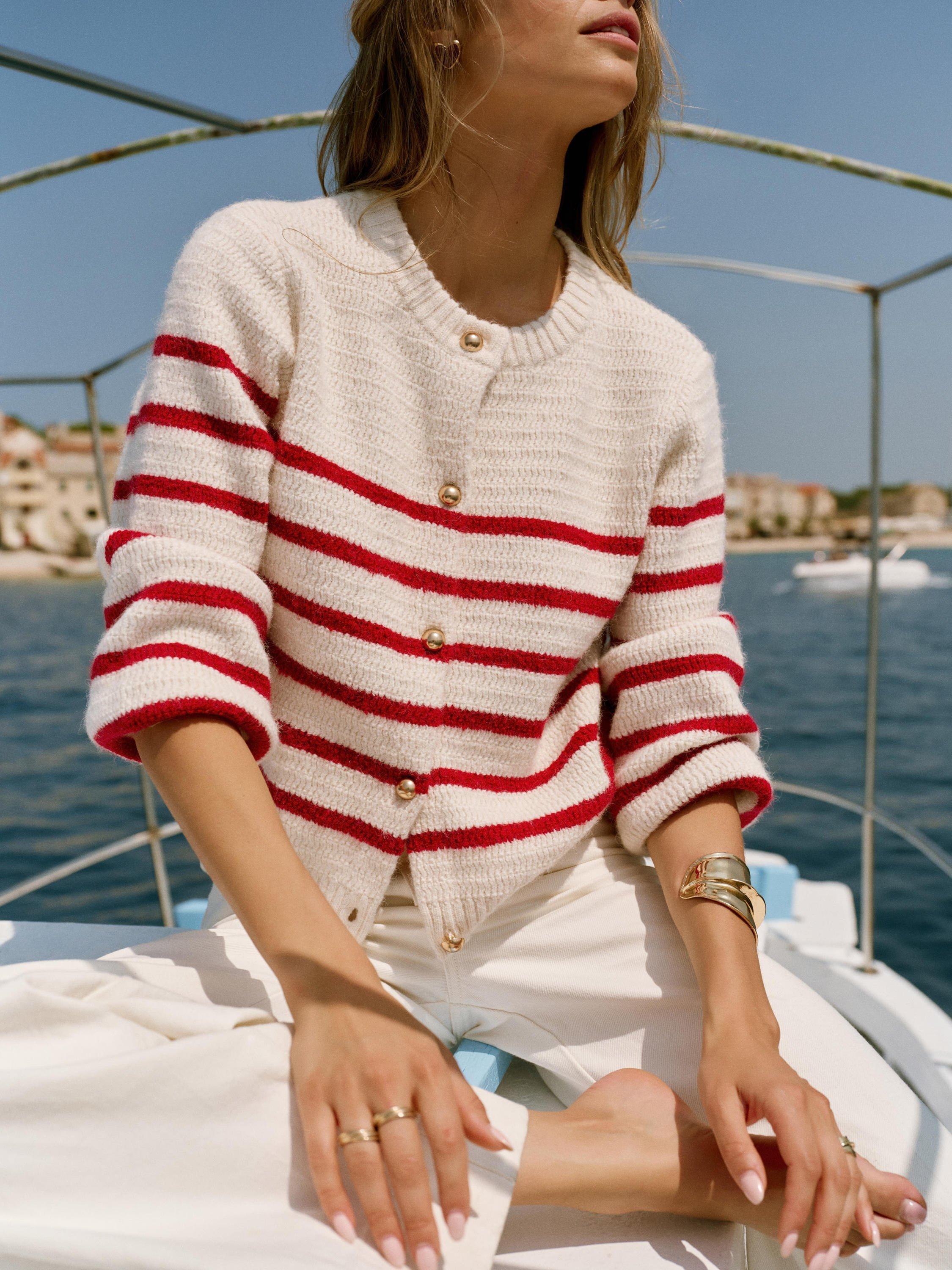 Product image 3 of 7, which shows Mint Velvet Stripe Knit Cardigan, Red/Multi, S