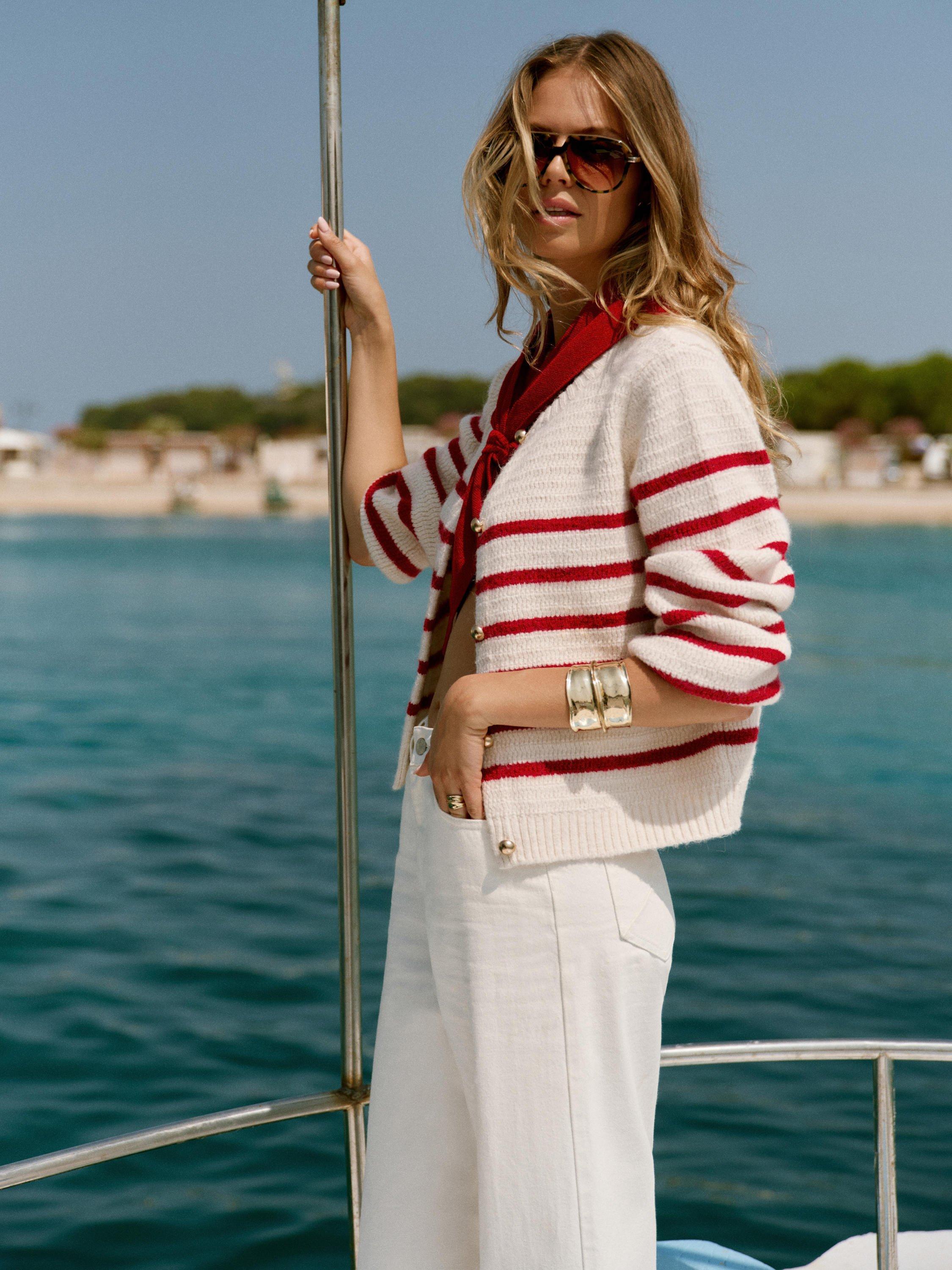 Product image 5 of 7, which shows Mint Velvet Stripe Knit Cardigan, Red/Multi, S