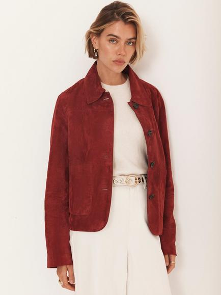 Mint Velvet Boxy Pure Suede Jacket, Red - view 2, Red