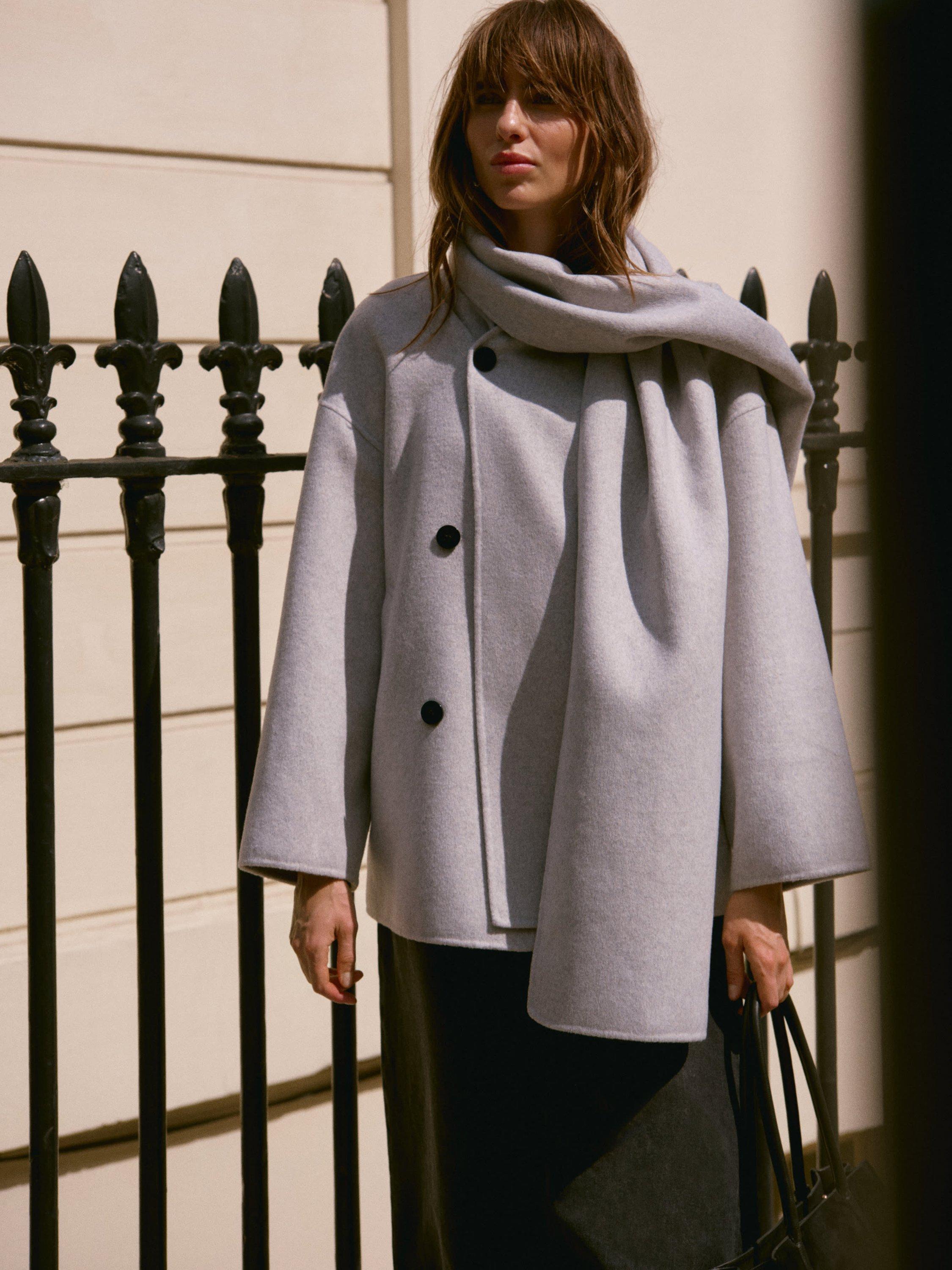 Product image 1 of 8, which shows Mint Velvet Scarf Detail Coat, Grey, L