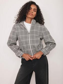 Mint Velvet Check High Neck Bomber Jacket, Grey/Multi, Grey/Multi