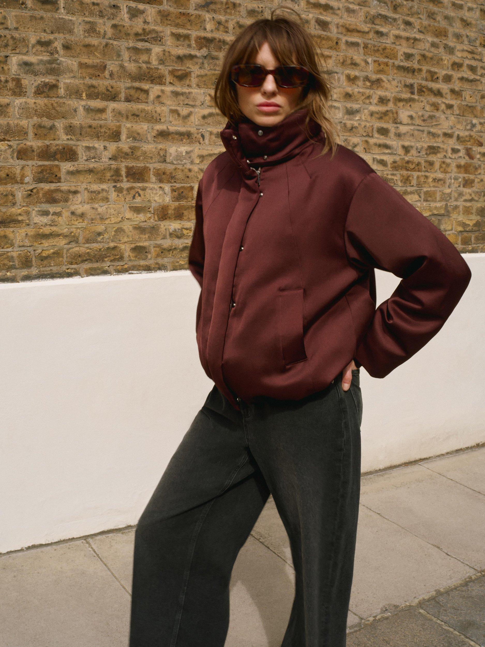 Mint Velvet High Neck Satin Jacket, Red Burgundy