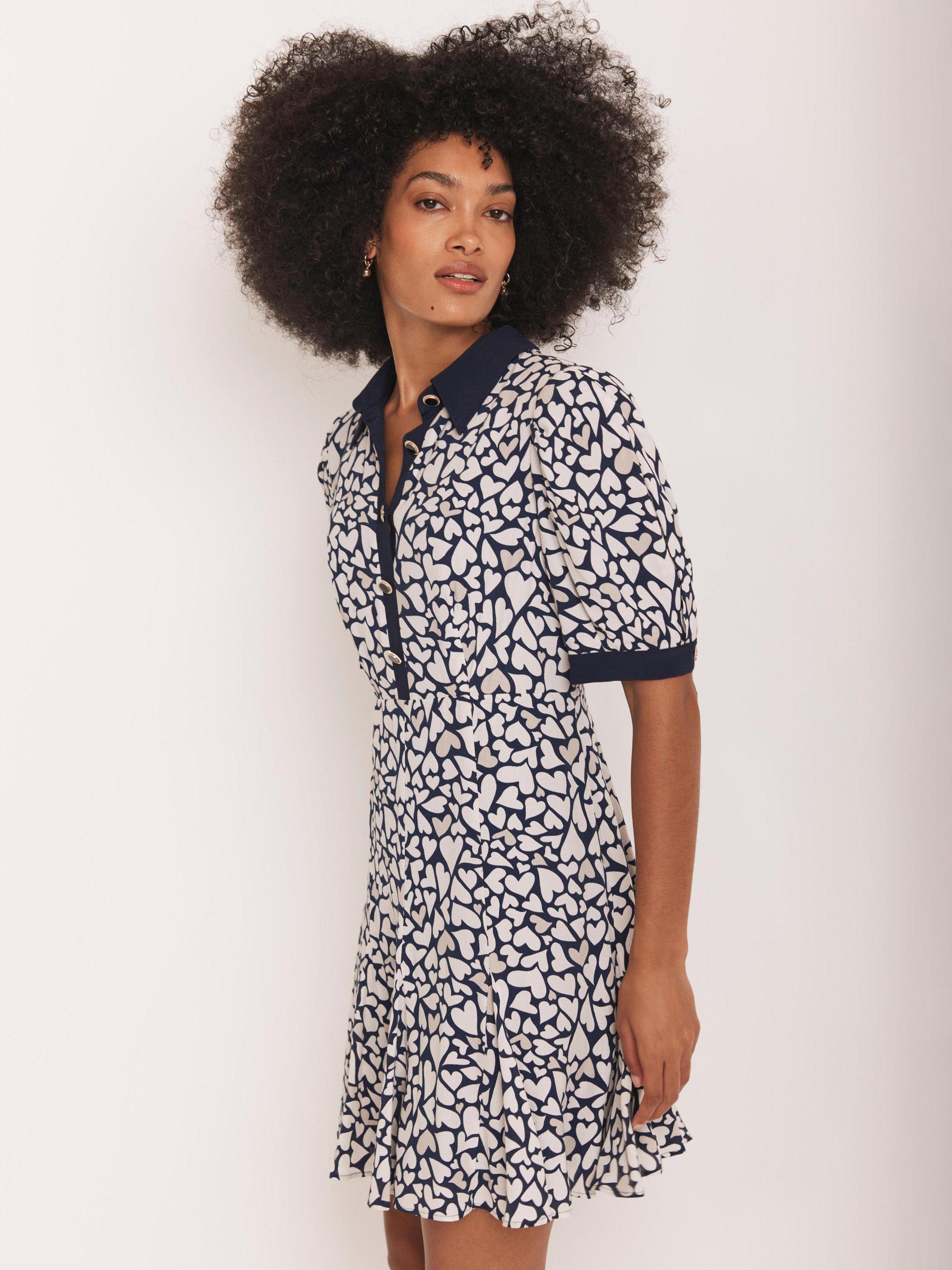 Product image 2 of 7, which shows Mint Velvet Heart Print Mini Dress, Navy/White, 6