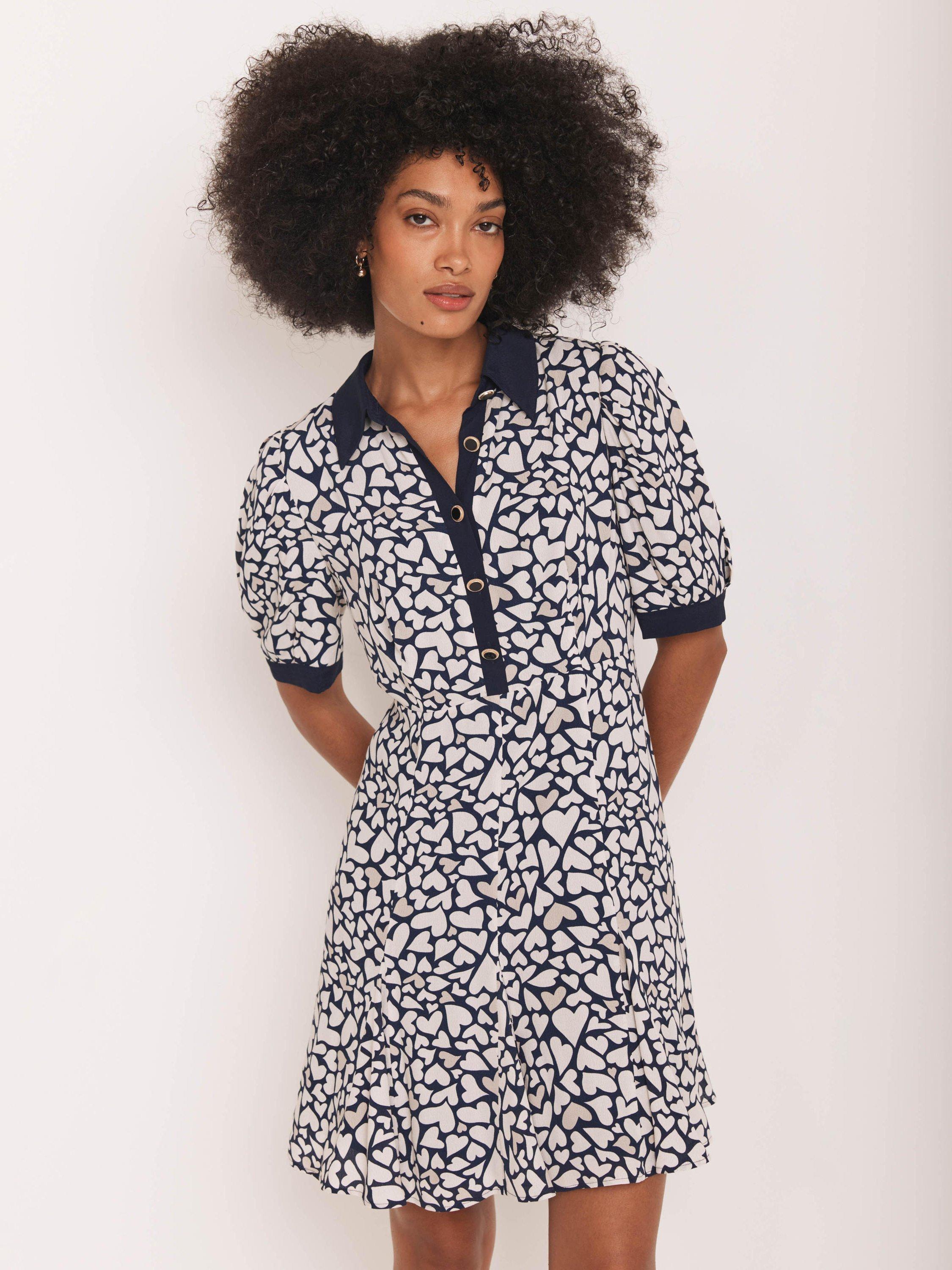 Product image 4 of 7, which shows Mint Velvet Heart Print Mini Dress, Navy/White, 6
