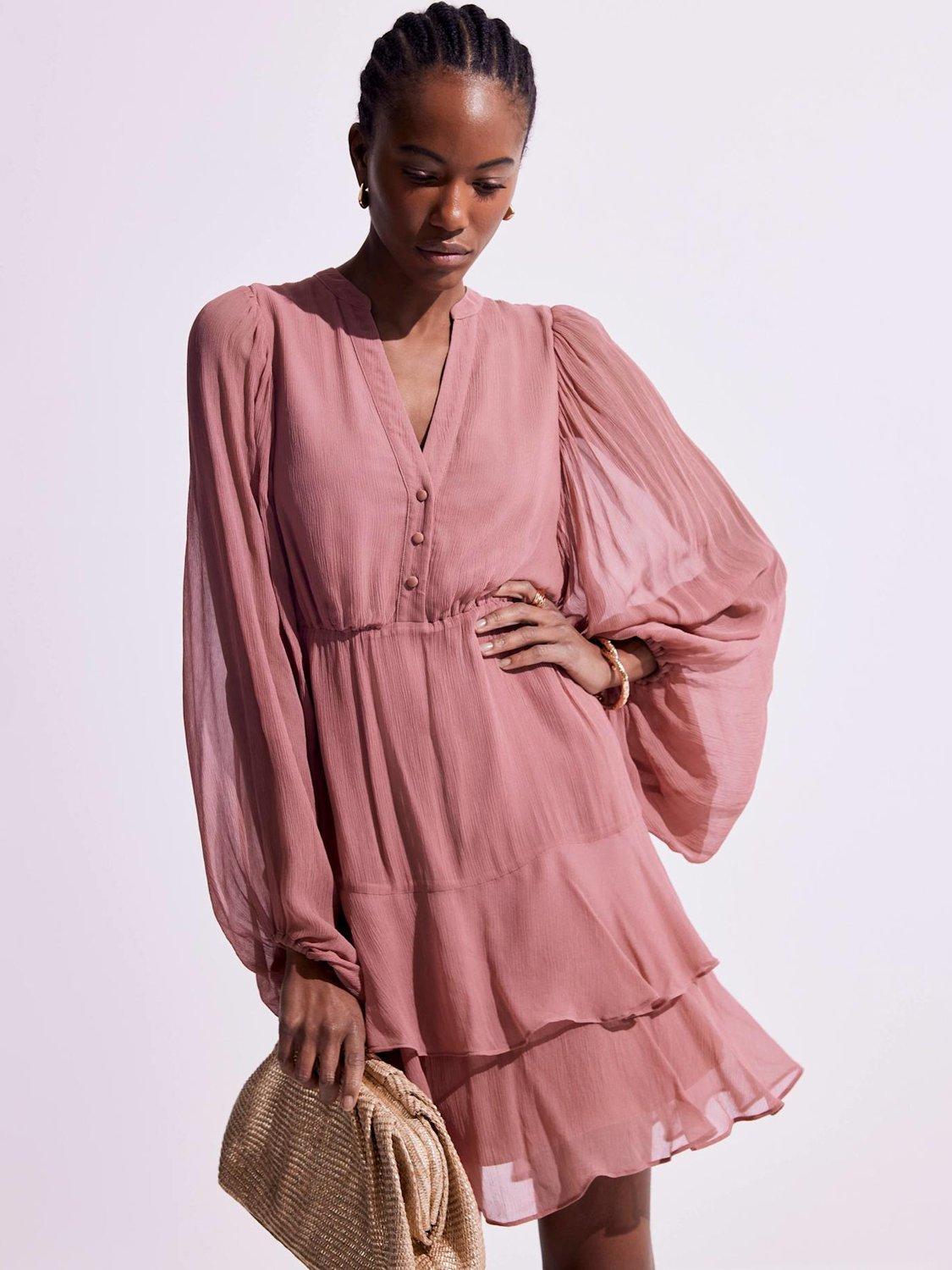 Product image 1 of 8, which shows Mint Velvet Ruffle Boho Mini Dress, Pink, 18