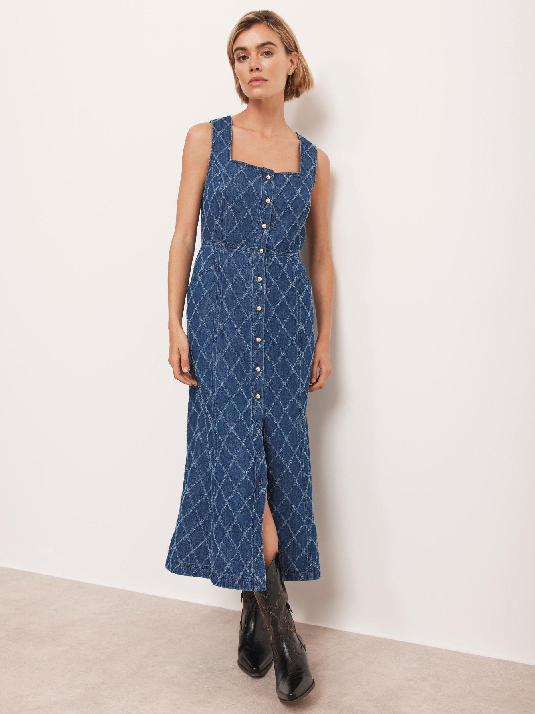Product image 1 of 8, which shows Mint Velvet Diamond Denim Midi Dress, Indigo, 8