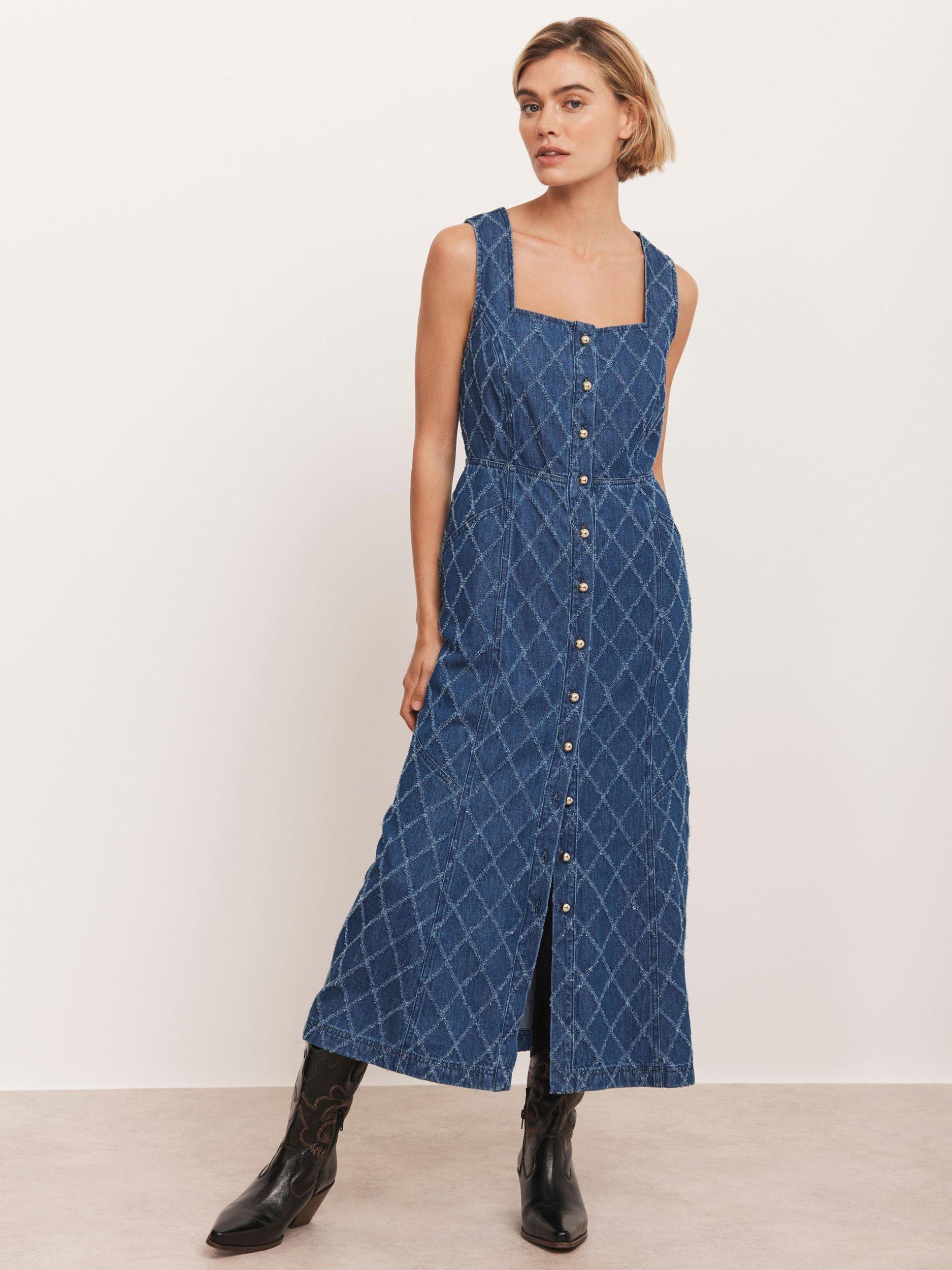 Product image 4 of 8, which shows Mint Velvet Diamond Denim Midi Dress, Indigo, 8