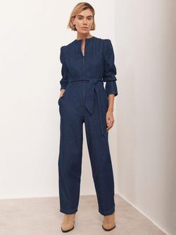 Mint Velvet Puff Sleeve Denim Jumpsuit, Blue Navy, Blue Navy