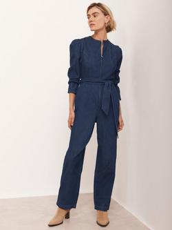 Mint Velvet Puff Sleeve Denim Jumpsuit, Blue Navy - view 2, Blue Navy