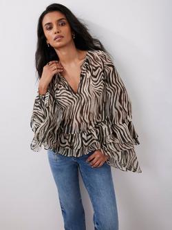 Mint Velvet Zebra Print Ruffle Top, Multi - view 2, Multi