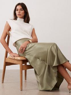 Mint Velvet High Rise Satin Slip Skirt, Khaki - view 2, Khaki