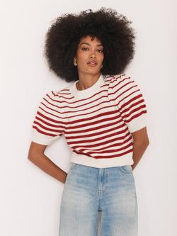 Mint Velvet Striped Short Puff Sleeve Knit Top, Red/Multi, Red/Multi
