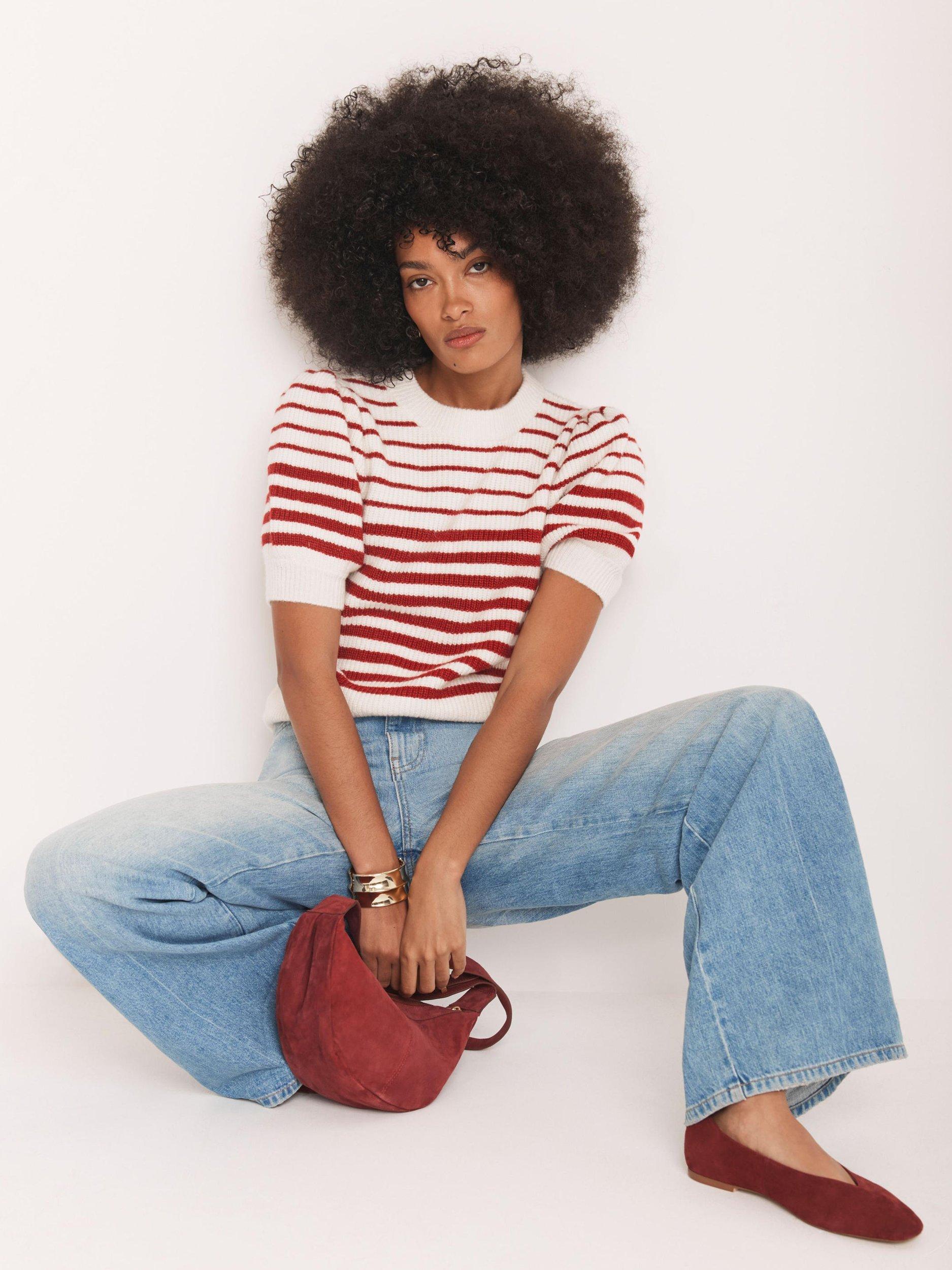 Product image 2 of 8, which shows Mint Velvet Striped Short Puff Sleeve Knit Top, Red/Multi, M