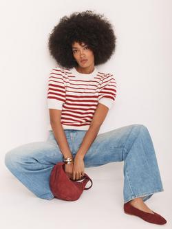 Mint Velvet Striped Short Puff Sleeve Knit Top, Red/Multi - view 2, Red/Multi