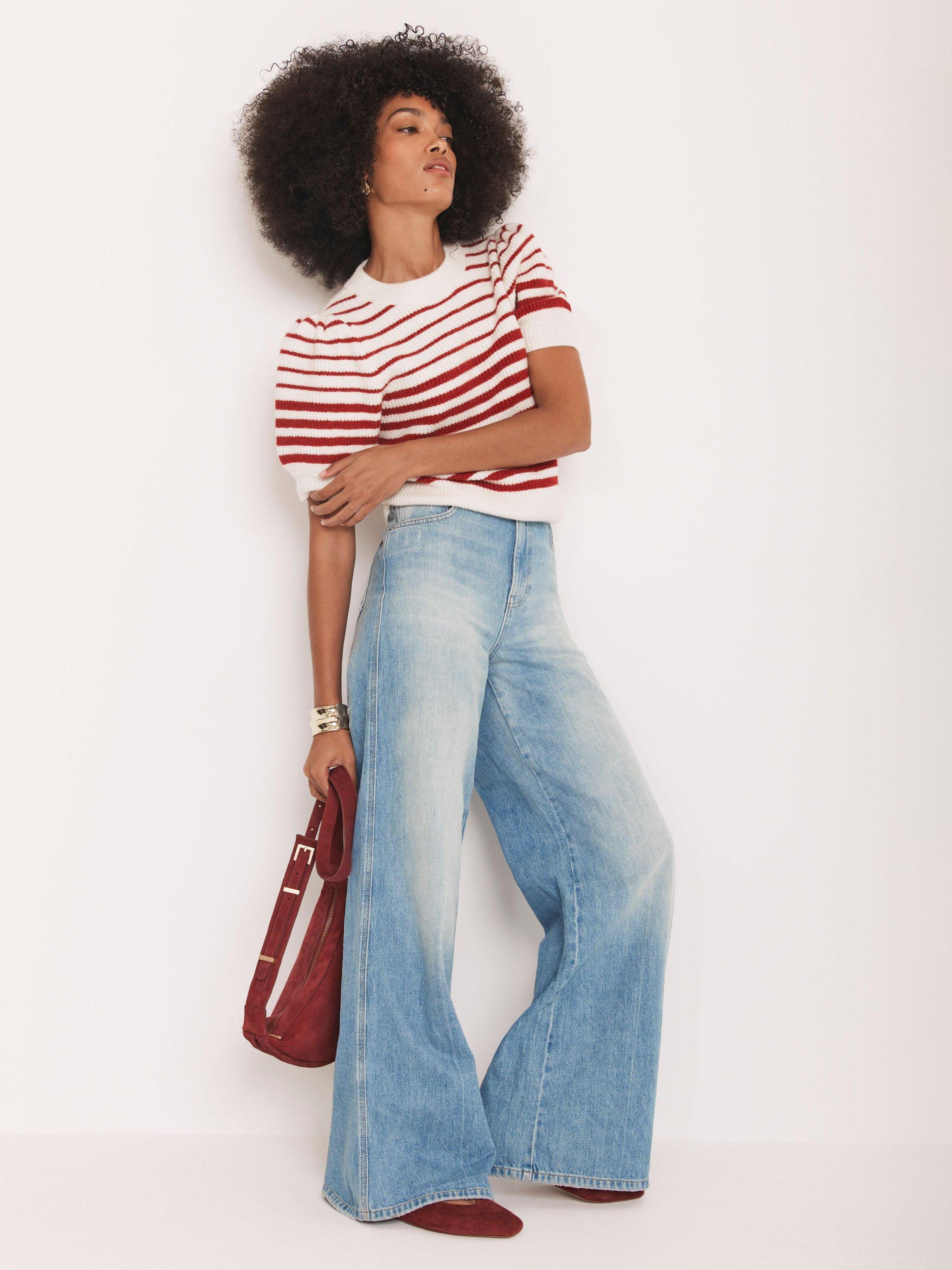 Product image 3 of 8, which shows Mint Velvet Striped Short Puff Sleeve Knit Top, Red/Multi, M