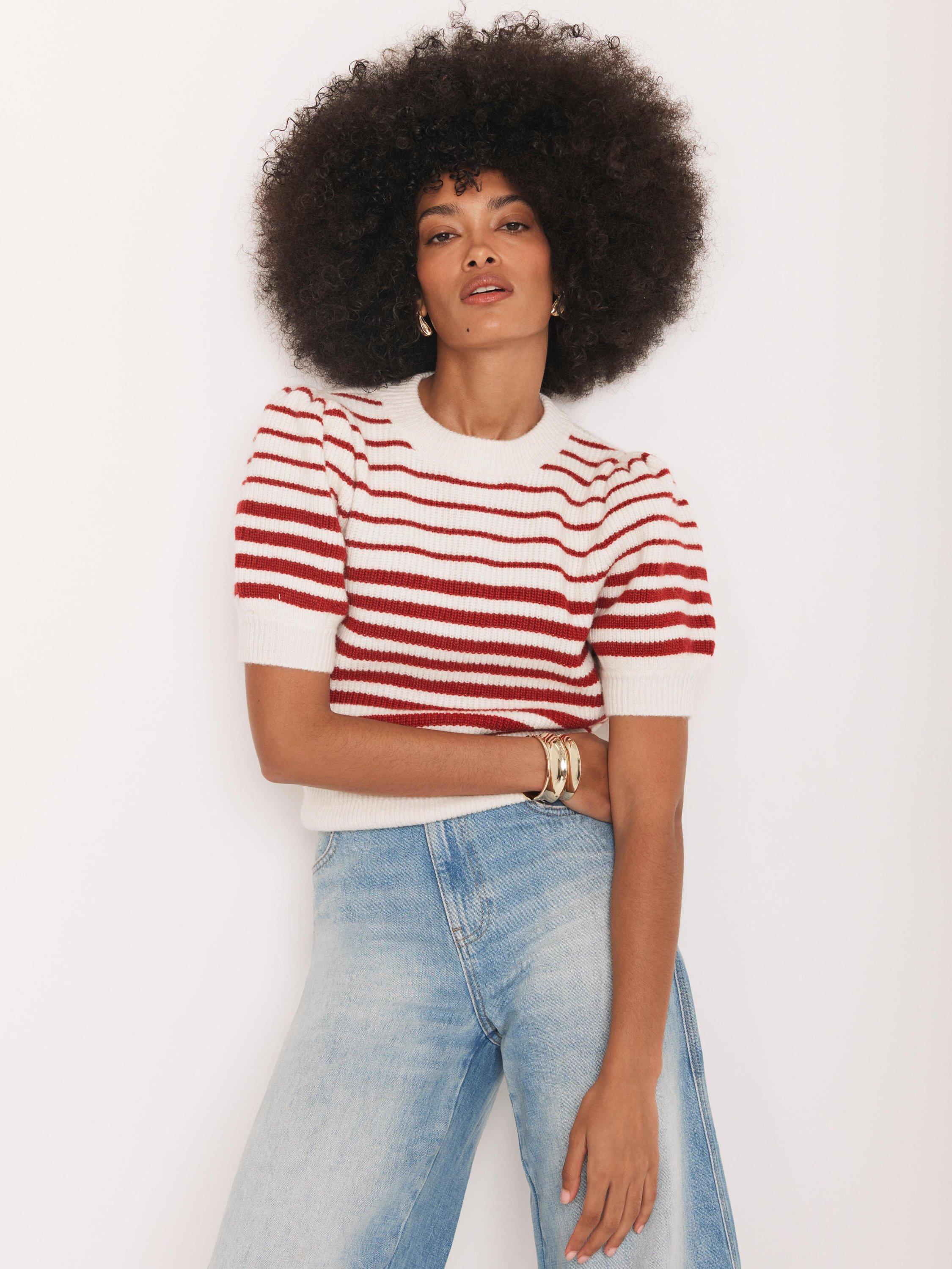 Product image 4 of 8, which shows Mint Velvet Striped Short Puff Sleeve Knit Top, Red/Multi, M