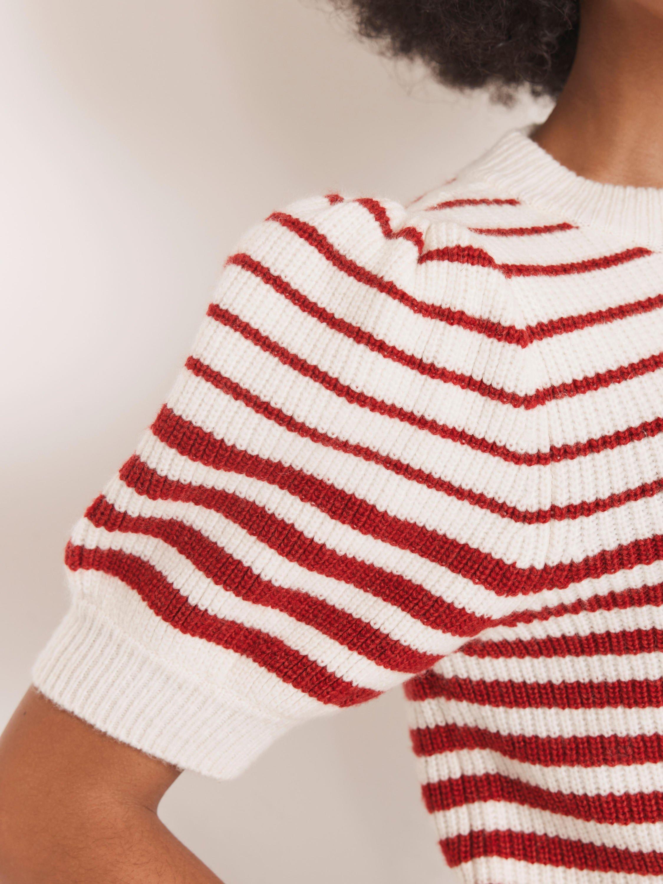 Product image 6 of 8, which shows Mint Velvet Striped Short Puff Sleeve Knit Top, Red/Multi, M
