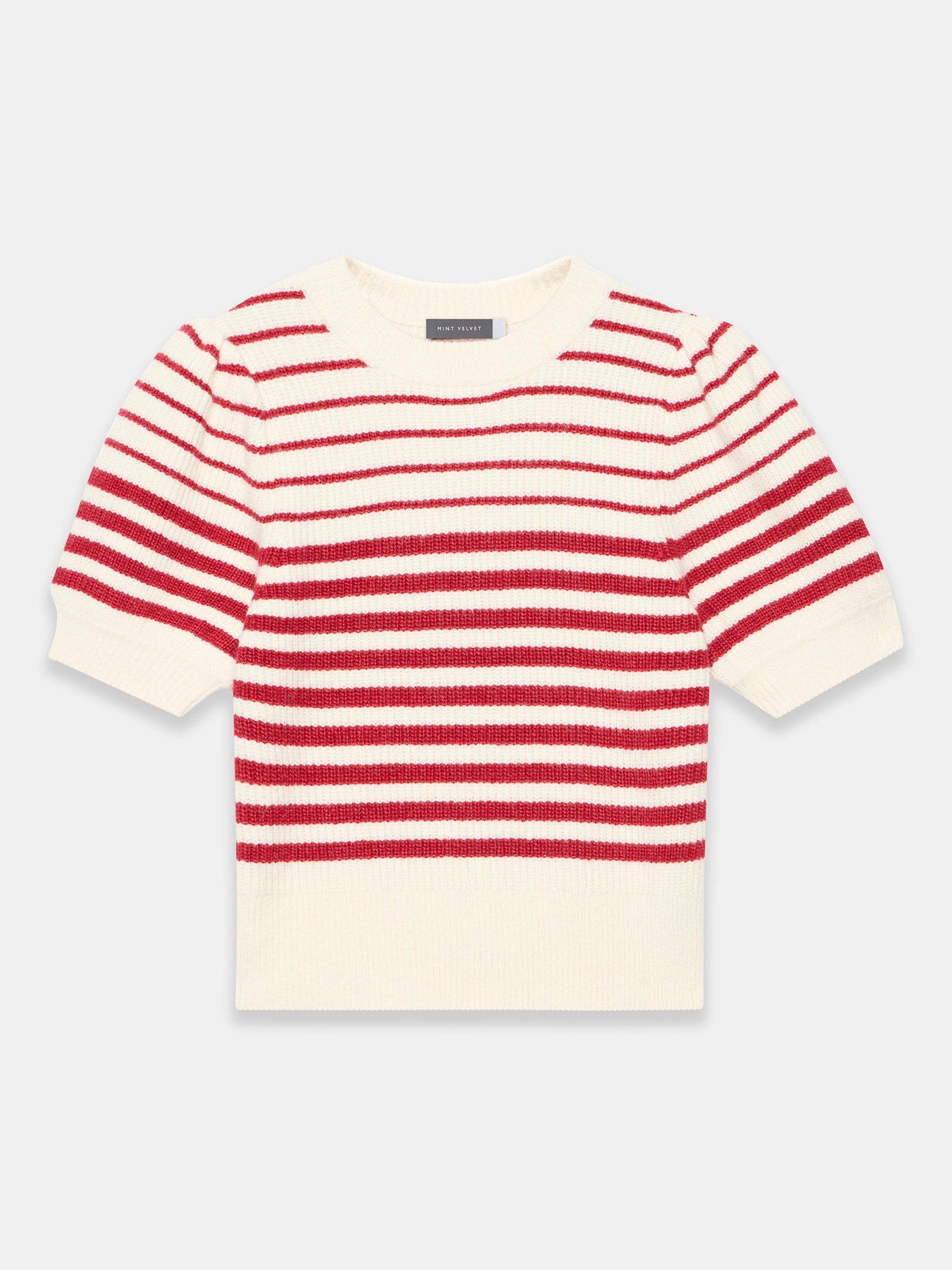 Product image 7 of 8, which shows Mint Velvet Striped Short Puff Sleeve Knit Top, Red/Multi, M