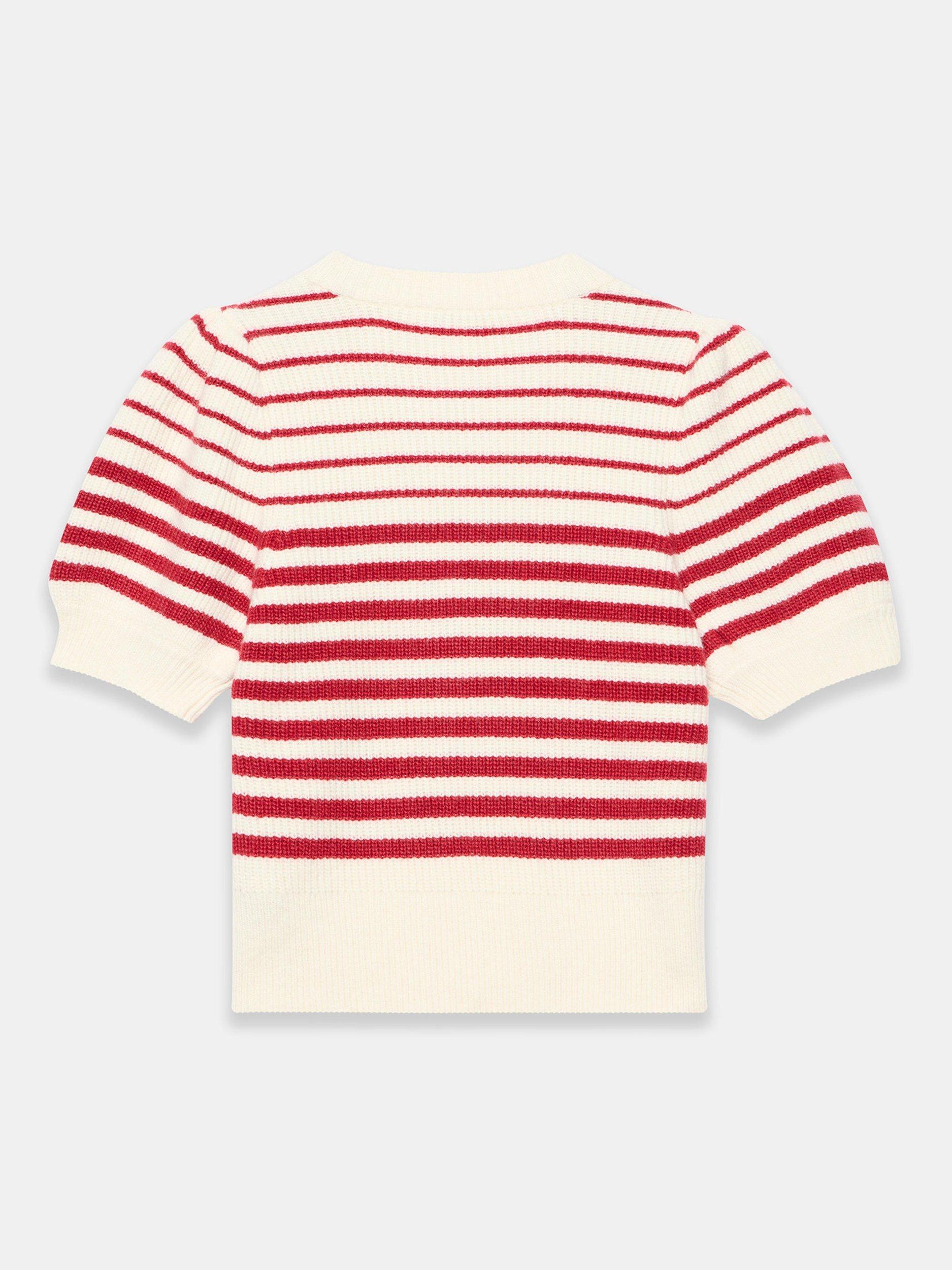 Product image 8 of 8, which shows Mint Velvet Striped Short Puff Sleeve Knit Top, Red/Multi, M
