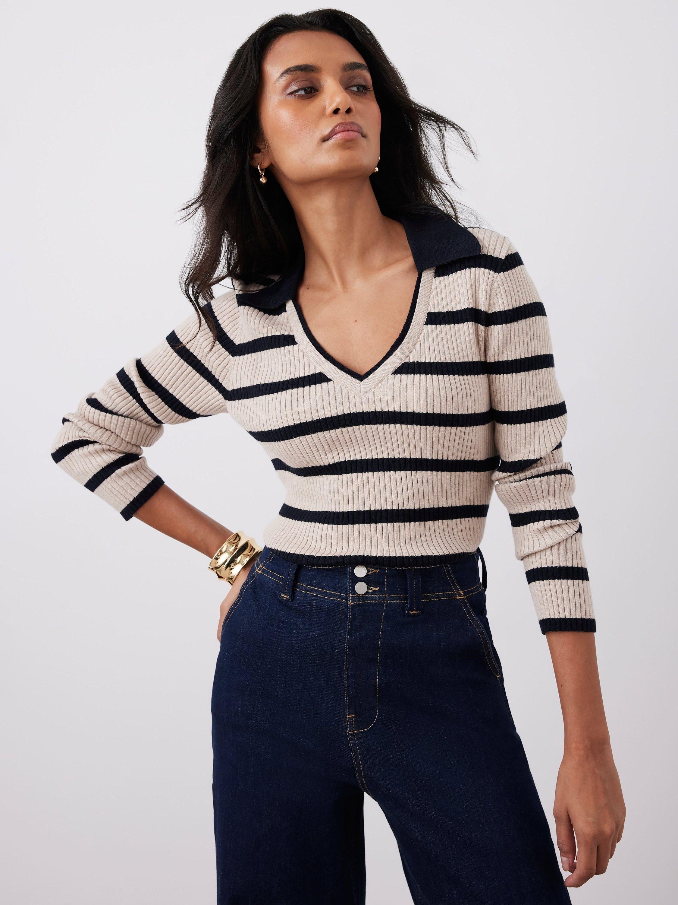 Mint Velvet V-Neck Ribbed Stripe Top, Cream/Multi