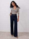 Mint Velvet V-Neck Ribbed Stripe Top, Cream/Multi