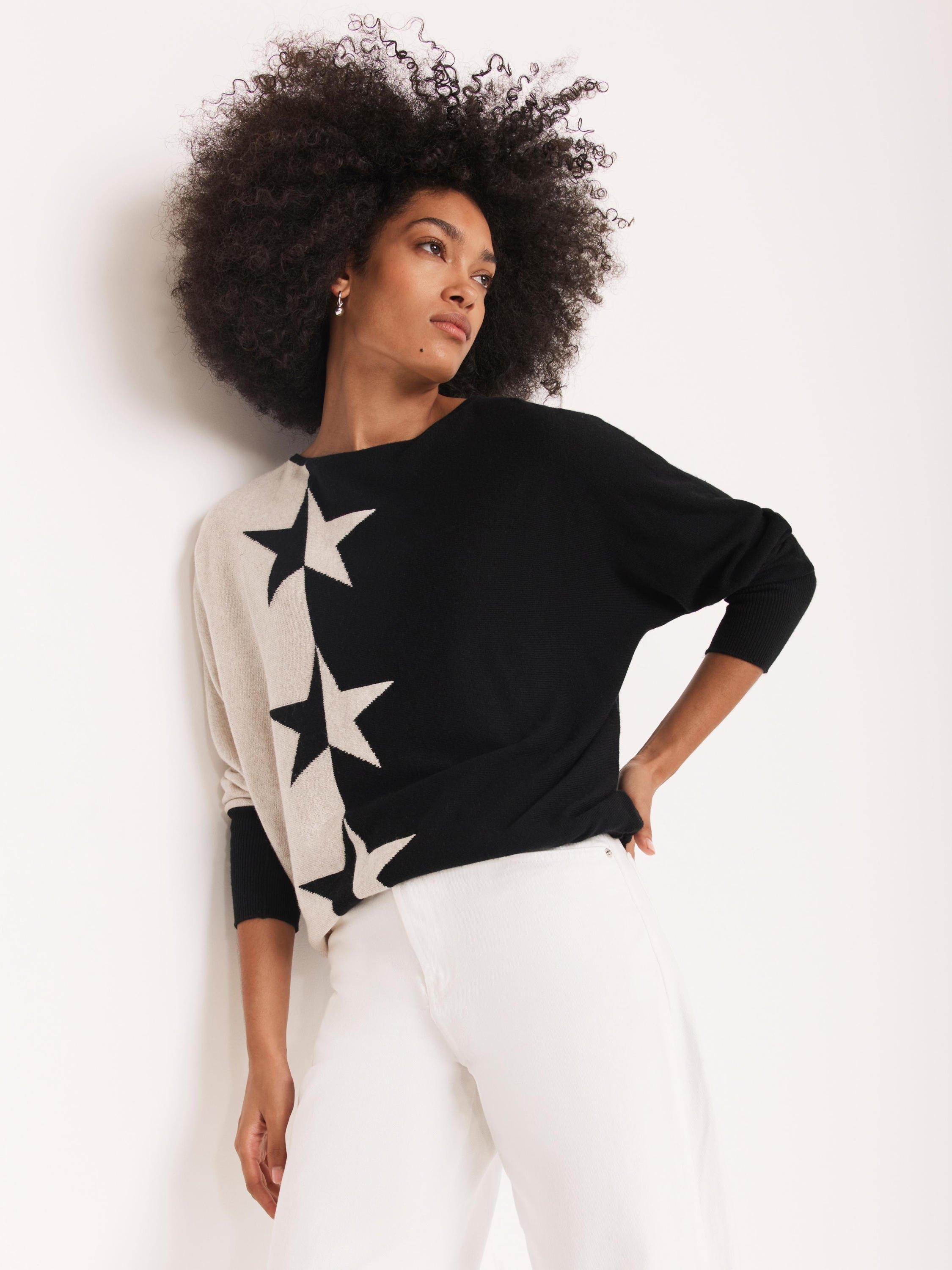Product image 1 of 8, which shows Mint Velvet Colour Block Star Jumper, Natural Stone, XS