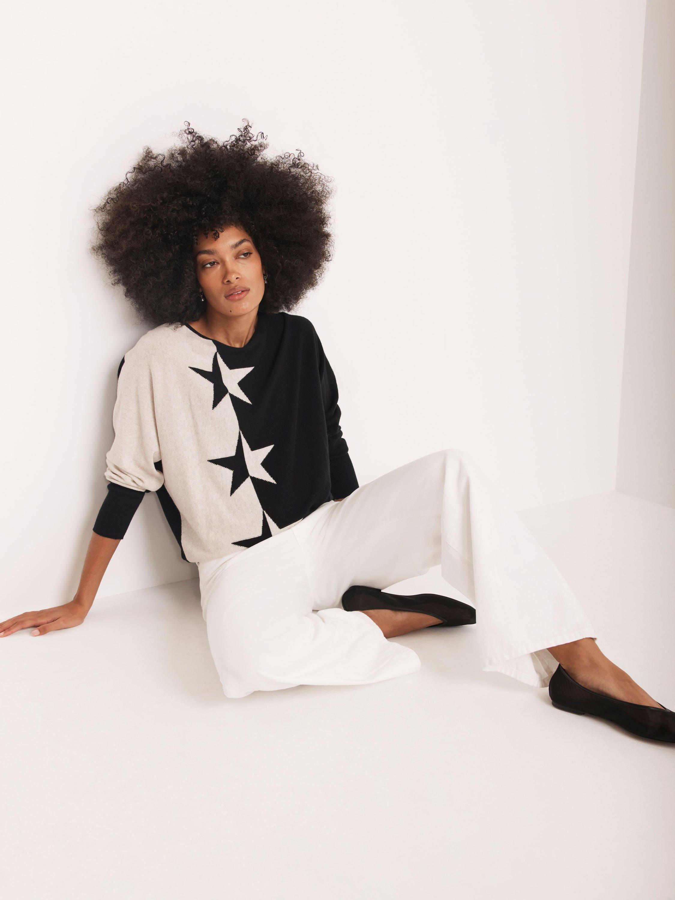 Product image 2 of 8, which shows Mint Velvet Colour Block Star Jumper, Natural Stone, XS