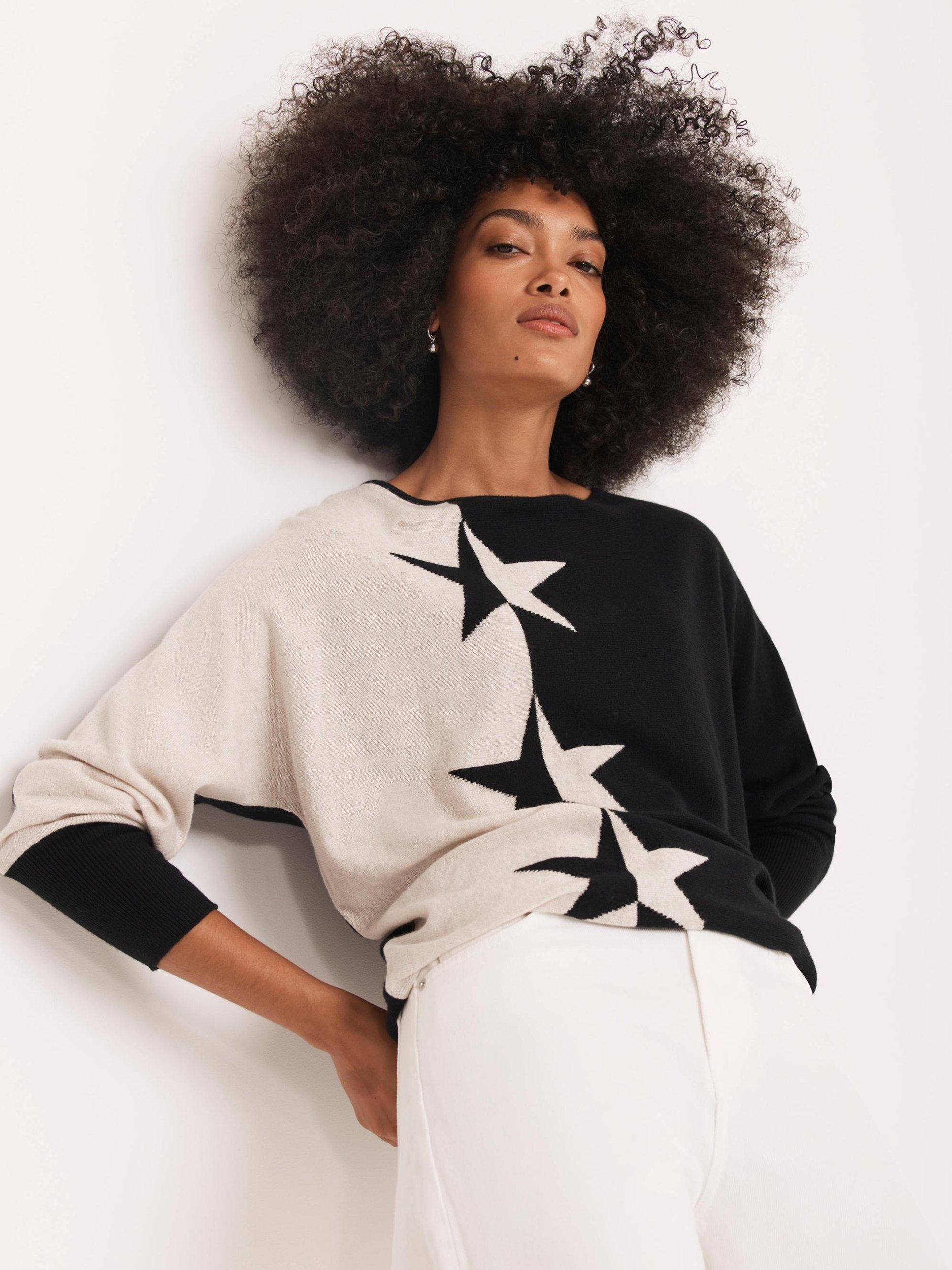 Product image 3 of 8, which shows Mint Velvet Colour Block Star Jumper, Natural Stone, XS