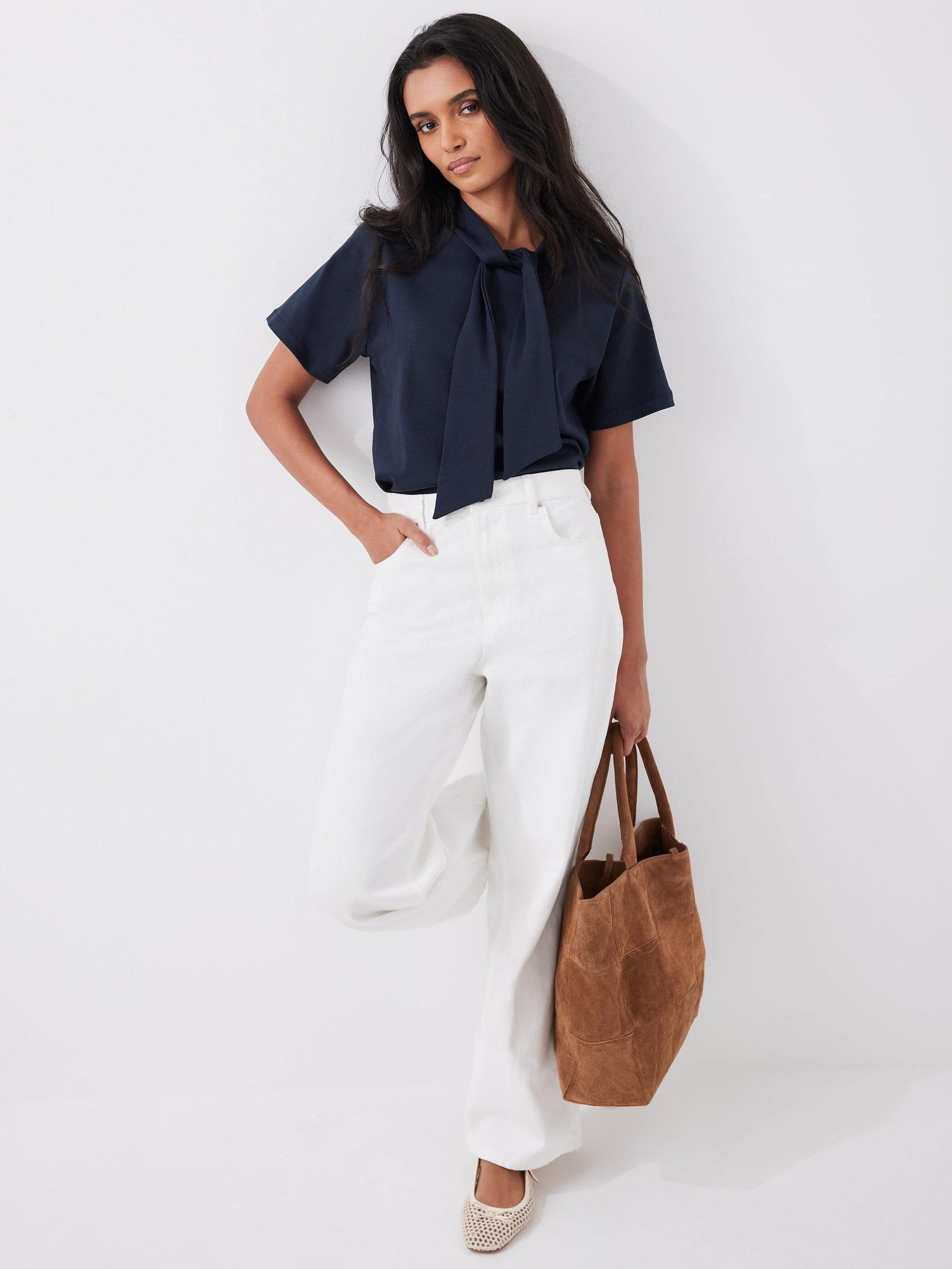 Mint Velvet Short Sleeve Tie Neck Top, Blue Navy