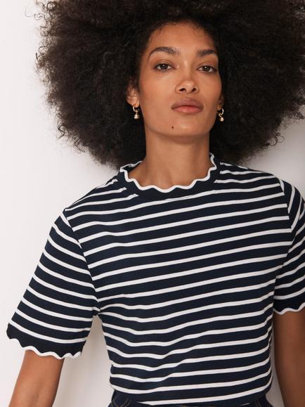 Mint Velvet Stripe Scallop Trim T-Shirt, Navy Blue