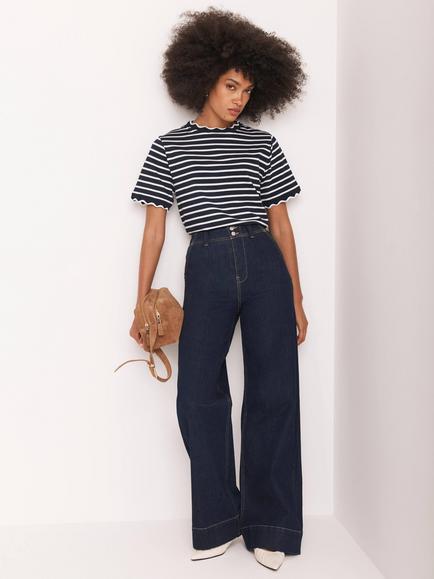 Mint Velvet Stripe Scallop Trim T-Shirt - view 2, Navy Blue