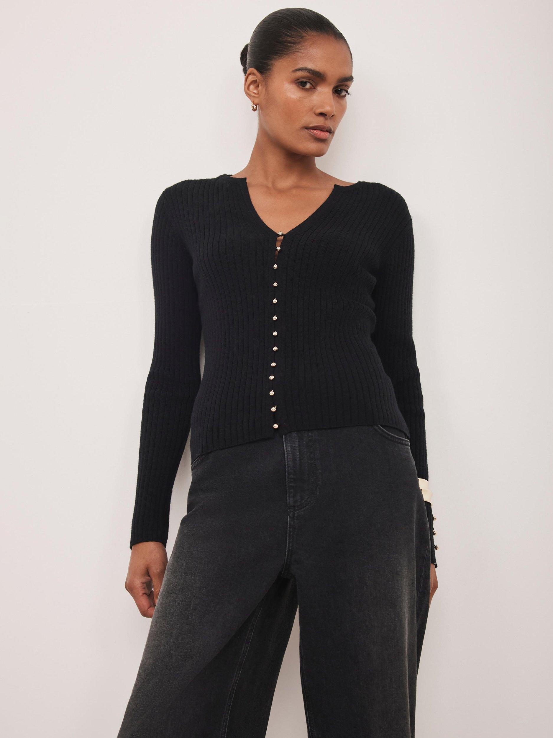 Product image 1 of 7, which shows Mint Velvet Button Detail Ribbed Top, Black, XS