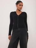 Mint Velvet Button Detail Ribbed Top, Black