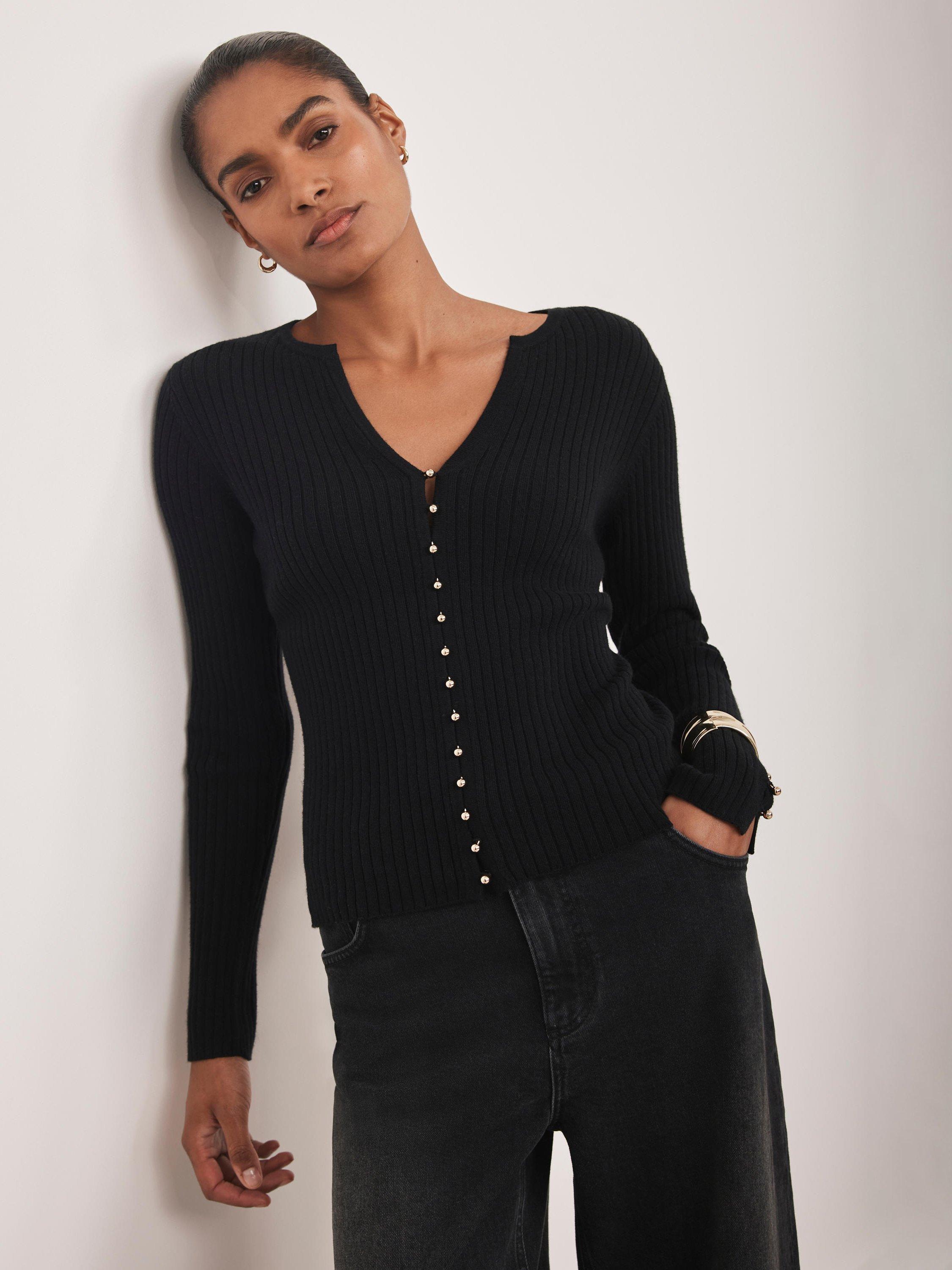 Product image 2 of 7, which shows Mint Velvet Button Detail Ribbed Top, Black, XS