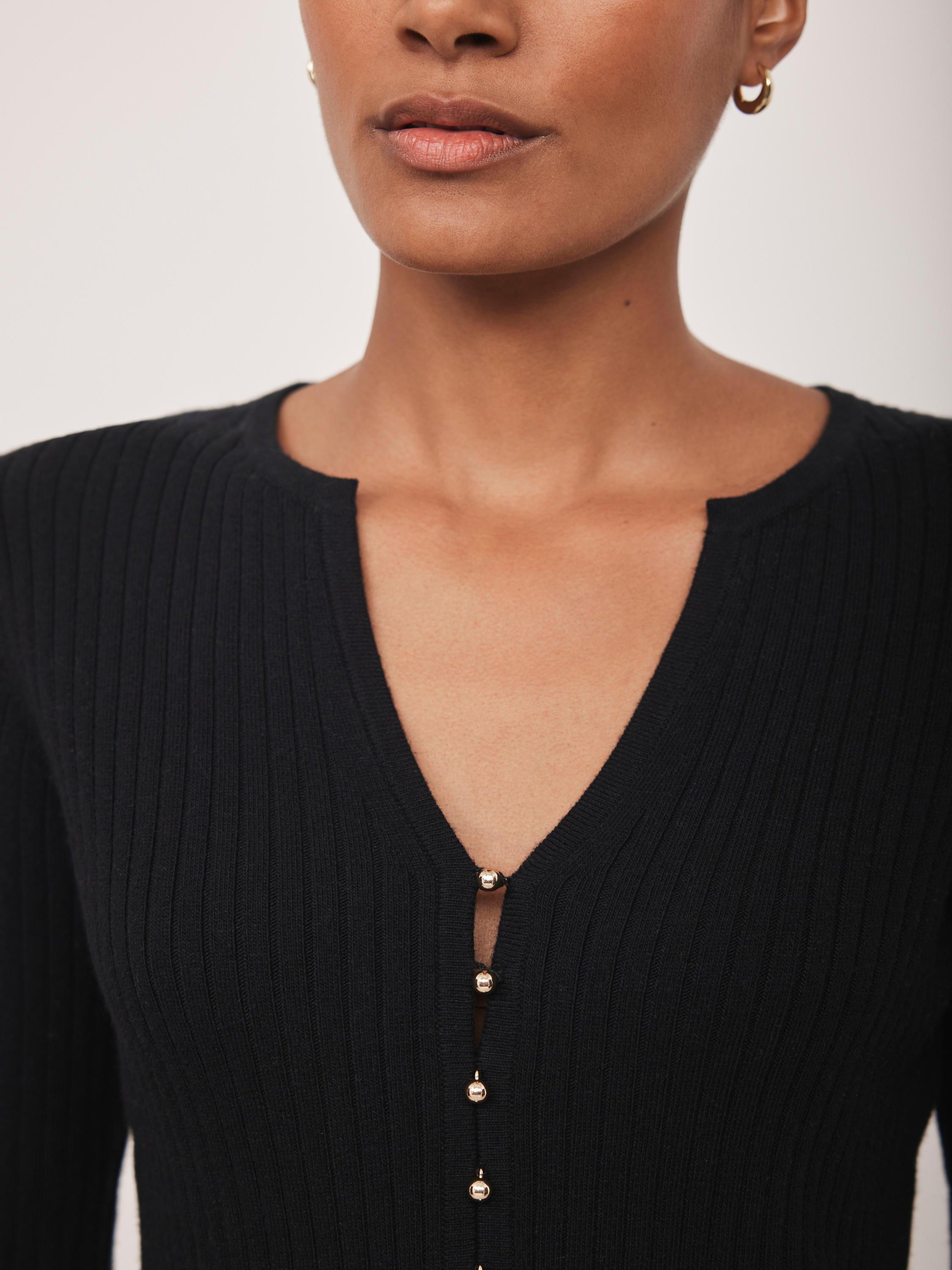 Product image 4 of 7, which shows Mint Velvet Button Detail Ribbed Top, Black, XS