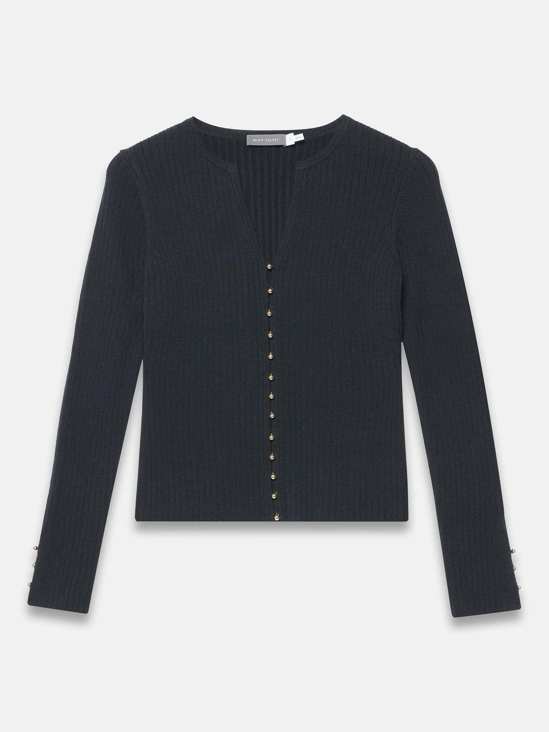 Product image 6 of 7, which shows Mint Velvet Button Detail Ribbed Top, Black, XS