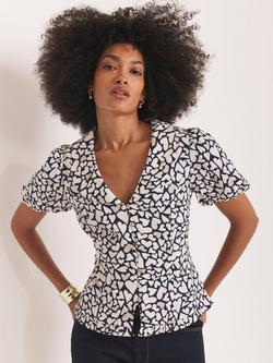 Mint Velvet Heart Print Short Sleeve Collar Blouse, Navy/Multi